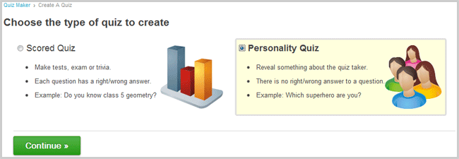 Create a Quiz Page - Choose "Create Personality Quiz" button