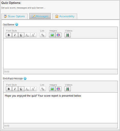 Quiz Options - Setup Messages Quiz Options - Setup Messages