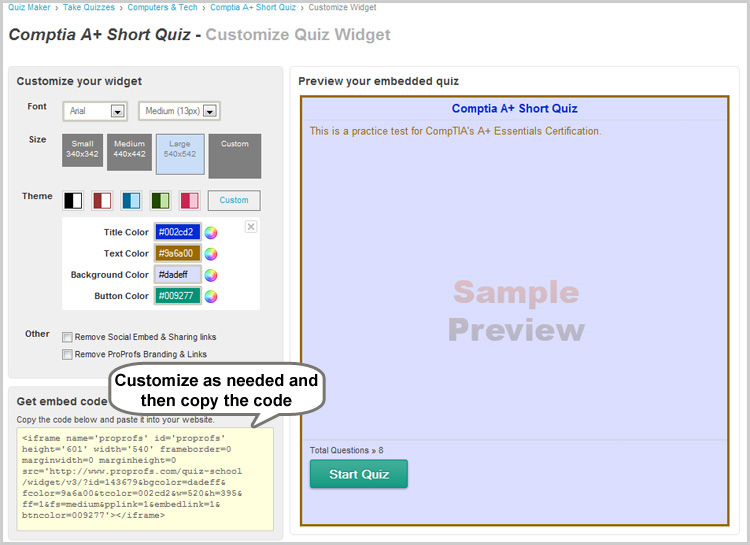 Share quiz to any blog