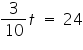 «math xmlns=¨https://www.w3.org/1998/Math/MathML¨»«mfrac»«mn»3«/mn»«mn»10«/mn»«/mfrac»«mi»t«/mi»«mo»§nbsp;«/mo»«mo»=«/mo»«mo»§nbsp;«/mo»«mn»24«/mn»«/math»