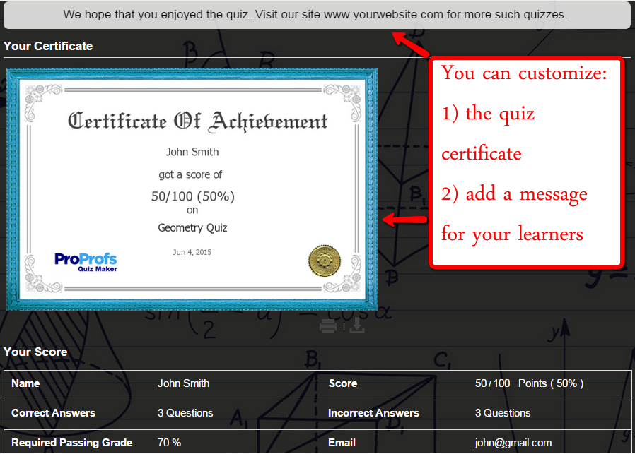Customize quiz Certificate