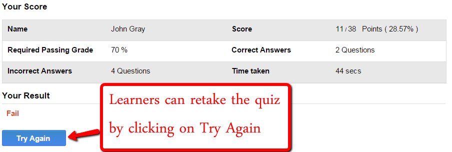 ProProfs Quiz Maker Score Card