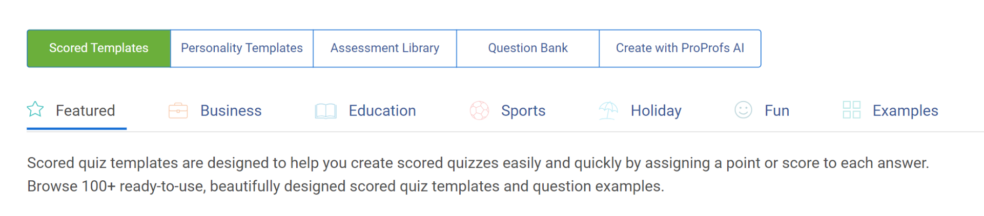 Choose between - Scored or Personality type of MCQ quiz templates