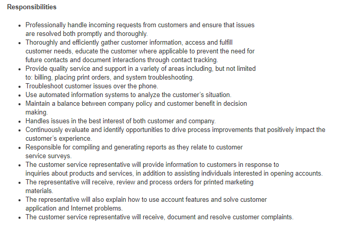 customer service roles and responsibilities resume