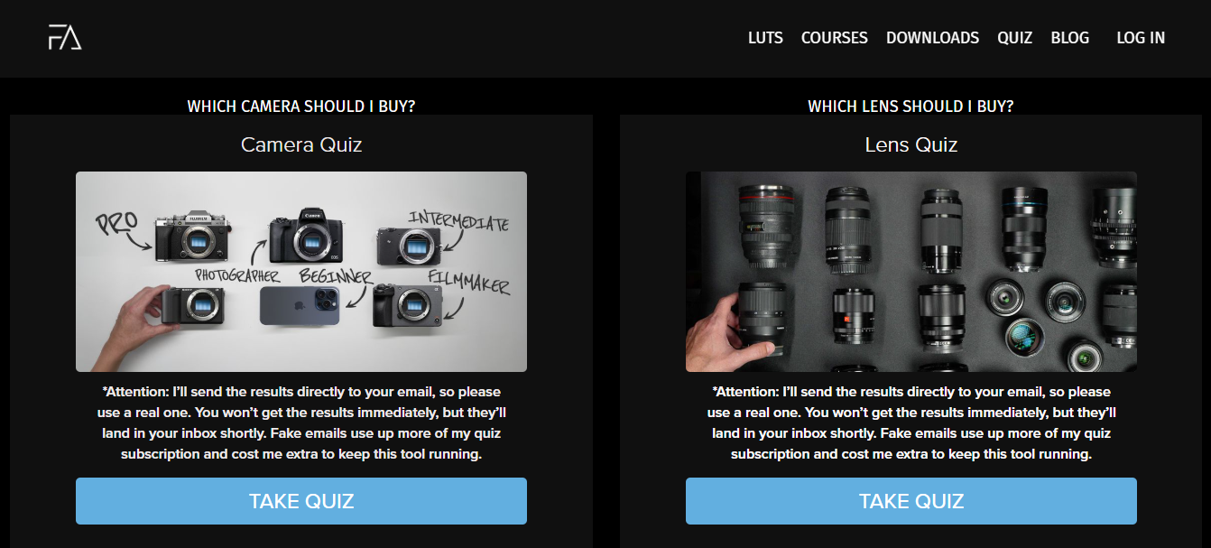 Film Alliance camera product recommendation quiz