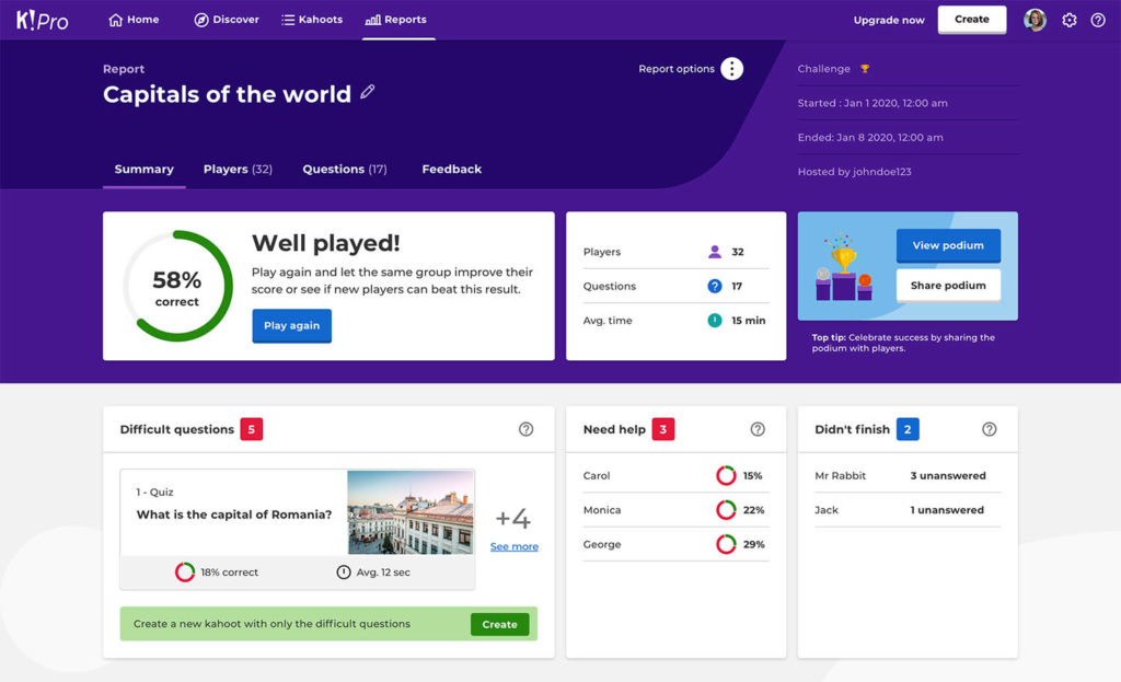 Kahoot! dashboard