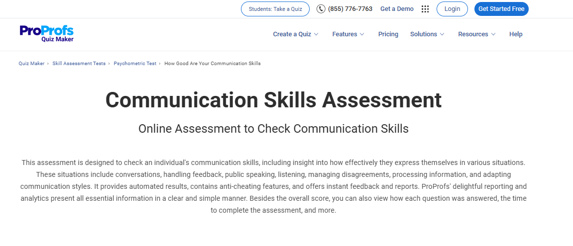 Communication Skills Assessment in ProProfs Assessment Library