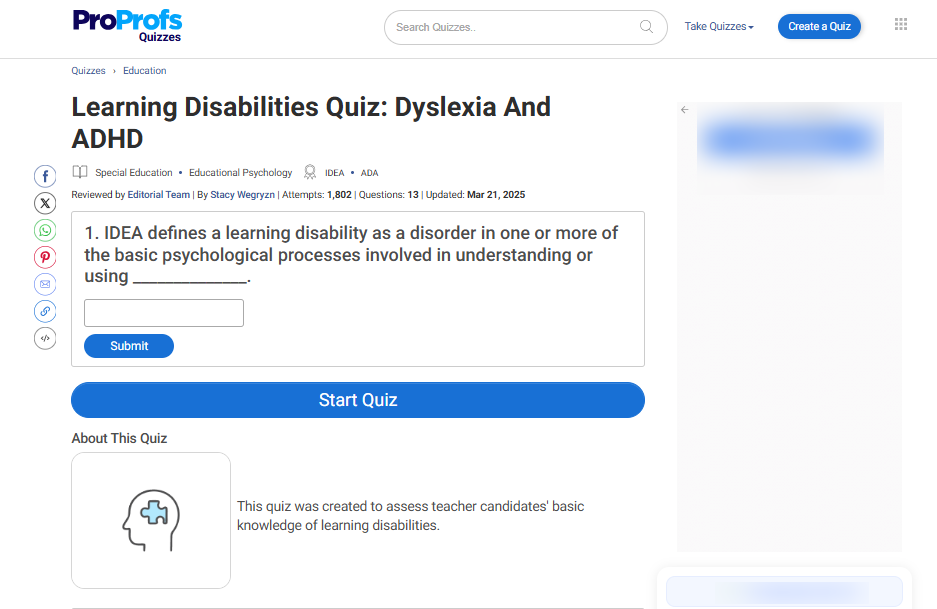 Learning Disabilities Quiz: Dyslexia and ADHD by ProProfs Quiz & Trivia