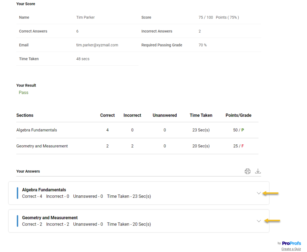 Multi-sectional quiz reports