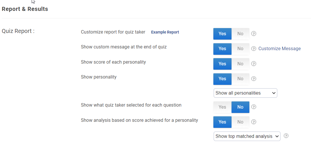 Personality quiz results settings 