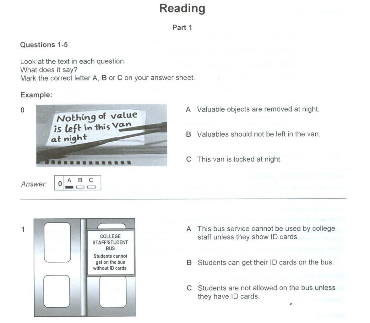 Preliminary English Test Paper 1 Reading & Writing
