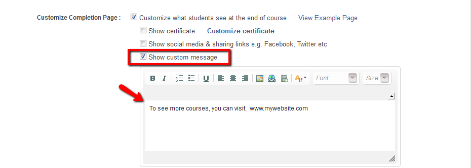 Check Show a custom message at the end of the course Box